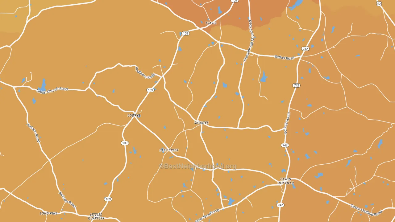 Map of the best neighborhoods in the Deep Creek area, with better matches in green and worse matches in red