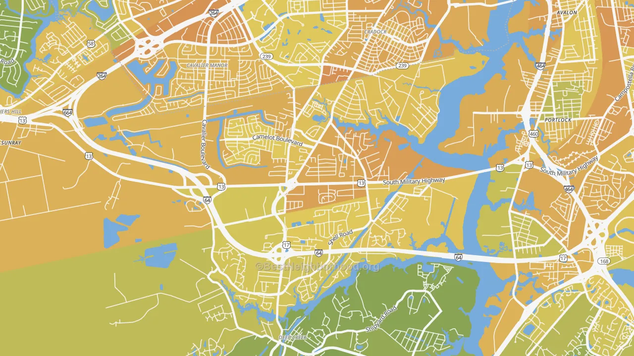 Map of the best neighborhoods in the Deep Creek North, Chesapeake area, with better matches in green and worse matches in red