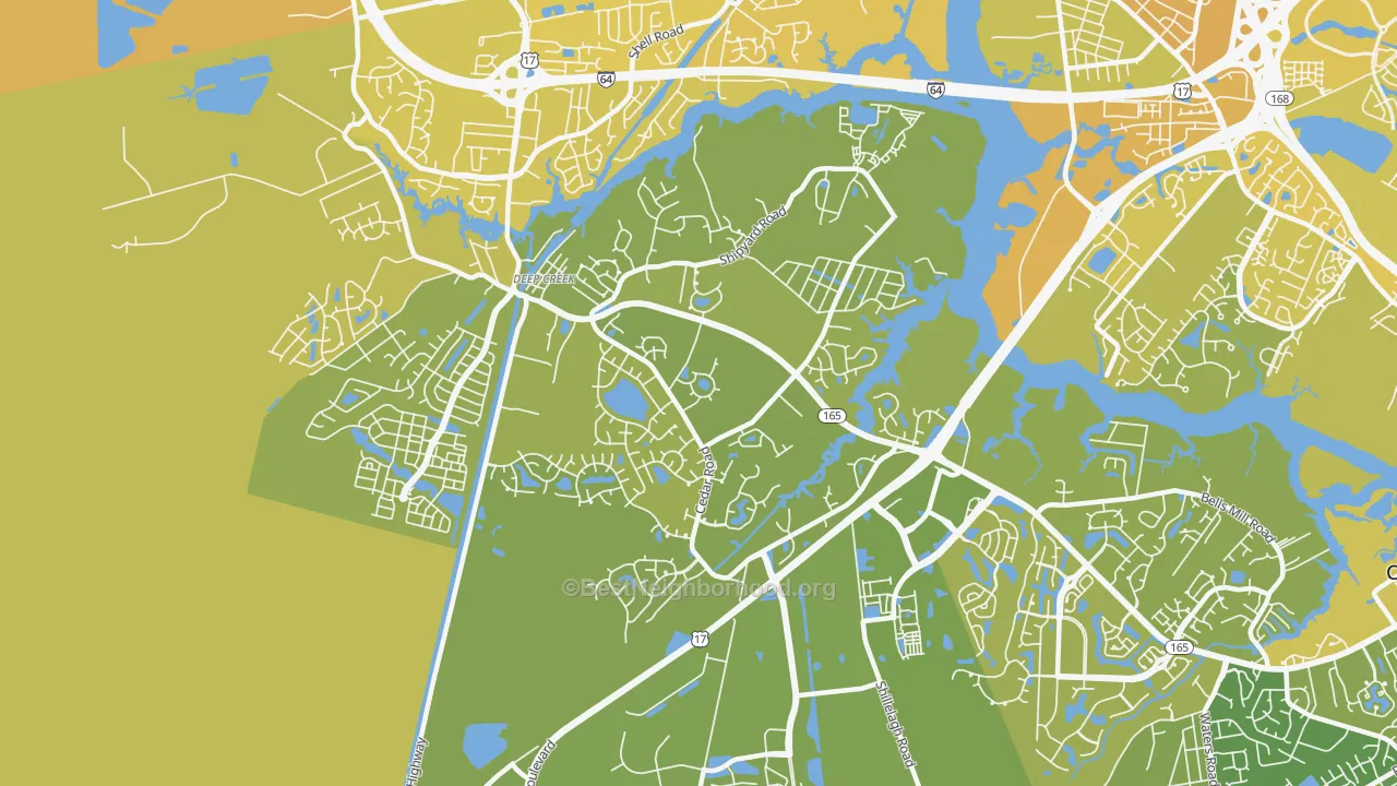 Map of the best neighborhoods in the Deep Creek South, Chesapeake area, with better matches in green and worse matches in red
