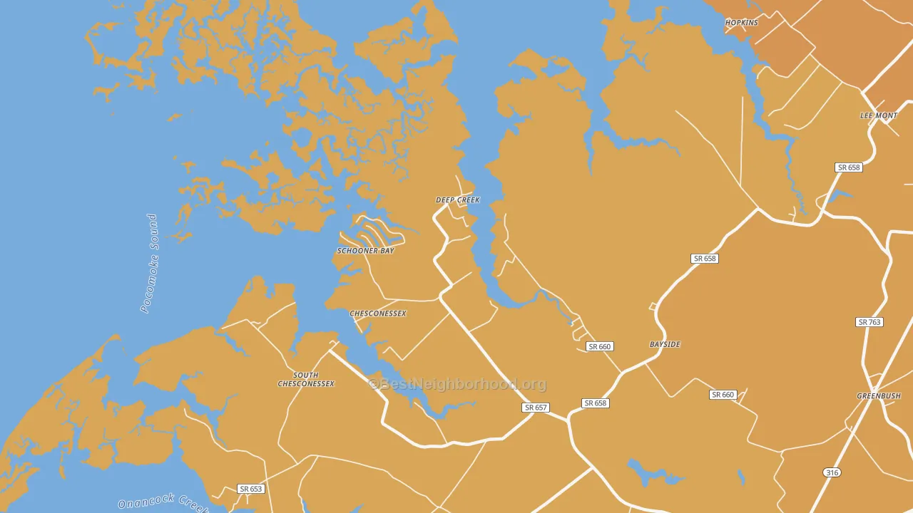 Map of the best neighborhoods in the Deep Creek area, with better matches in green and worse matches in red