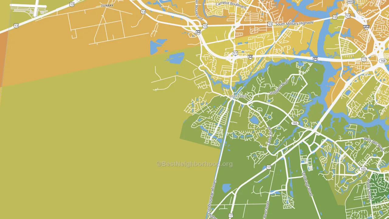 Map of the best neighborhoods in the Deep Creek West, Chesapeake area, with better matches in green and worse matches in red