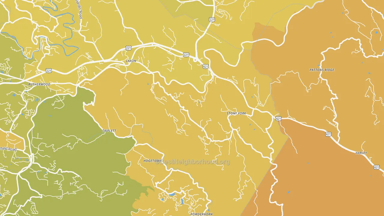 Map of the best neighborhoods in the Deep Gap area, with better matches in green and worse matches in red