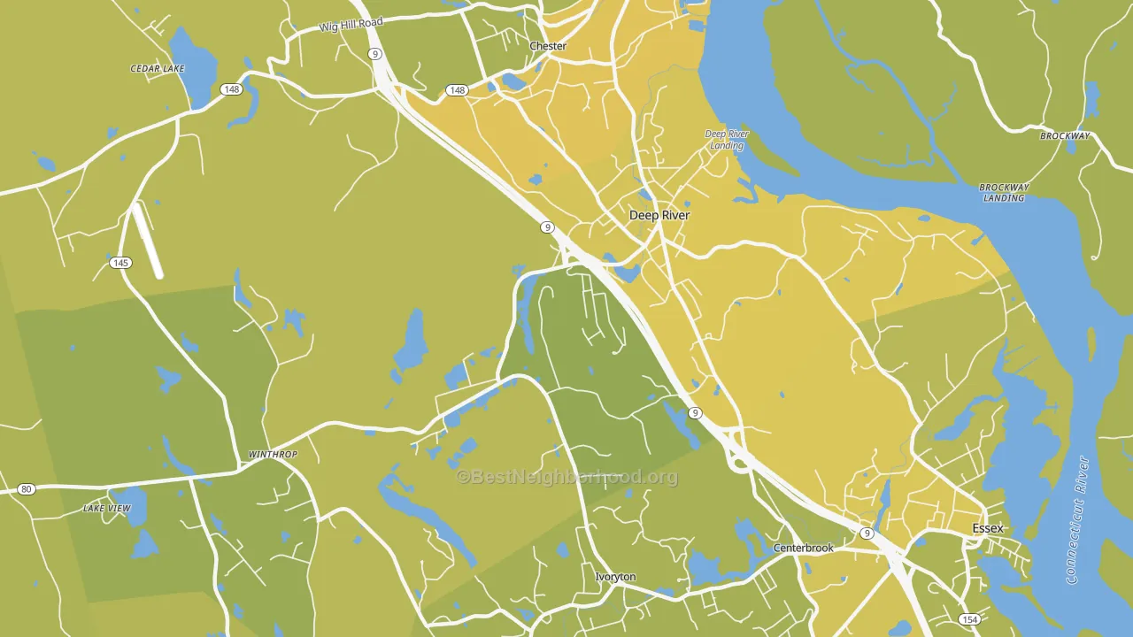 Map of the best neighborhoods in the Deep River area, with better matches in green and worse matches in red
