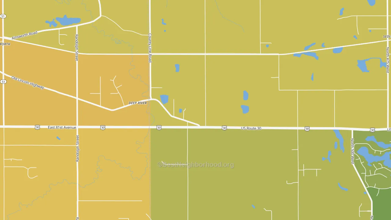 Map of the best neighborhoods in the Deep River area, with better matches in green and worse matches in red