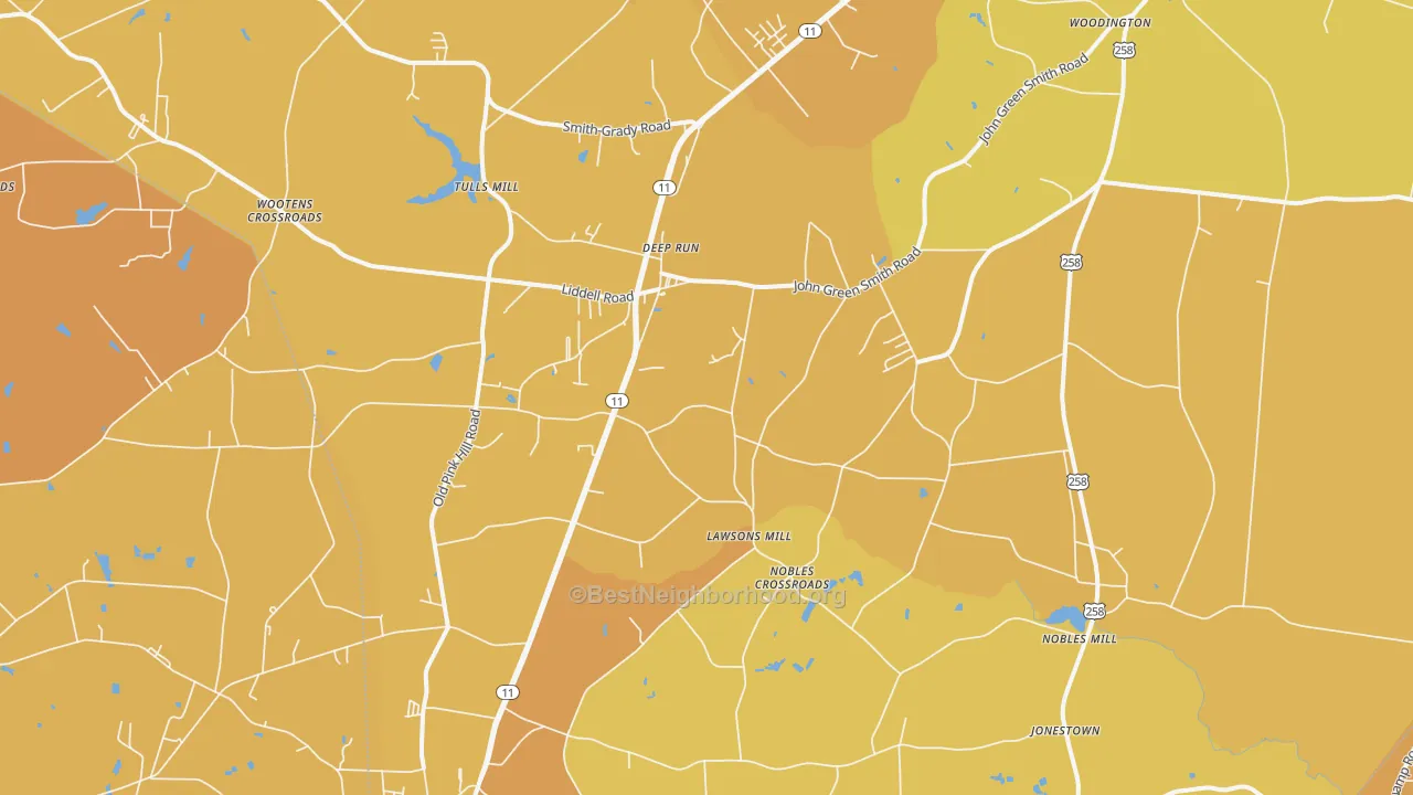 Map of the best neighborhoods in the Deep Run area, with better matches in green and worse matches in red
