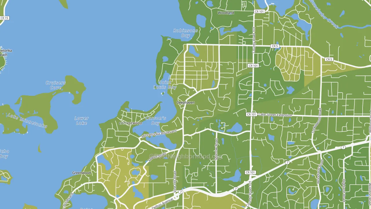 Map of the best neighborhoods in the Deephaven area, with better matches in green and worse matches in red