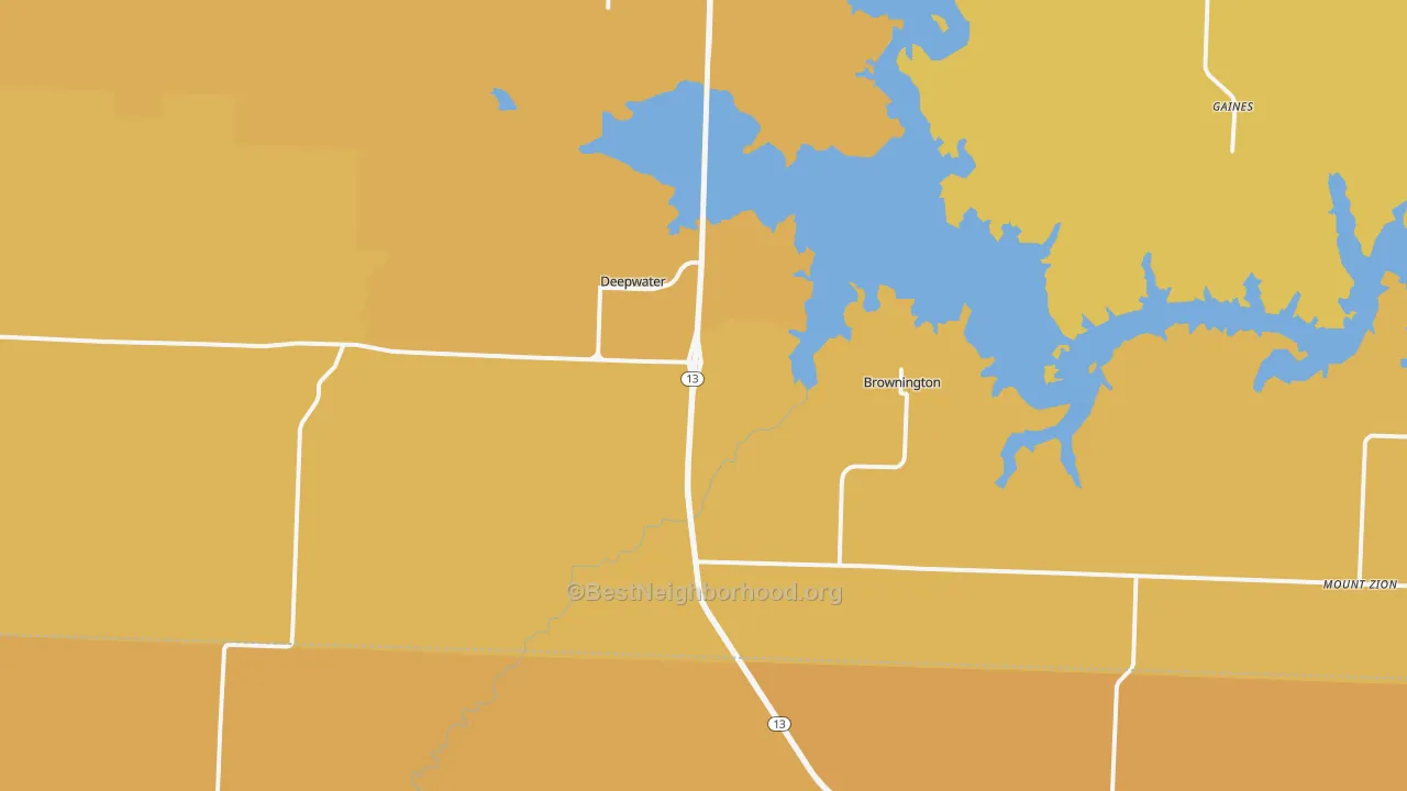 Map of the best neighborhoods in the Deepwater area, with better matches in green and worse matches in red