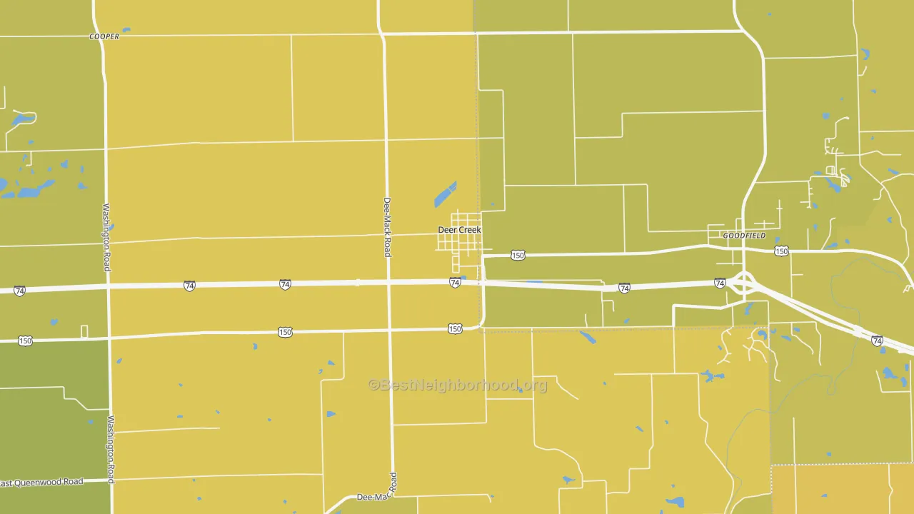 Map of the best neighborhoods in the Deer Creek area, with better matches in green and worse matches in red