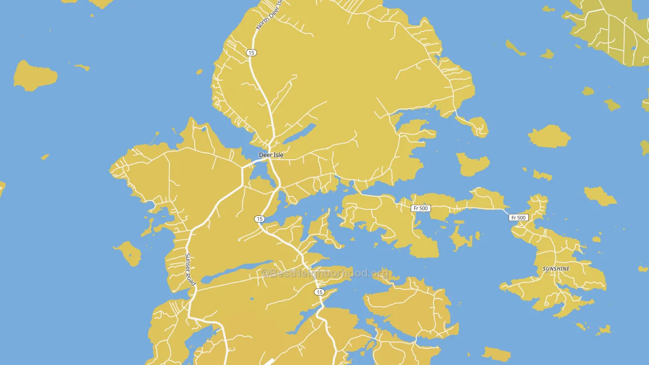 Map of the best neighborhoods in the Deer Isle area, with better matches in green and worse matches in red