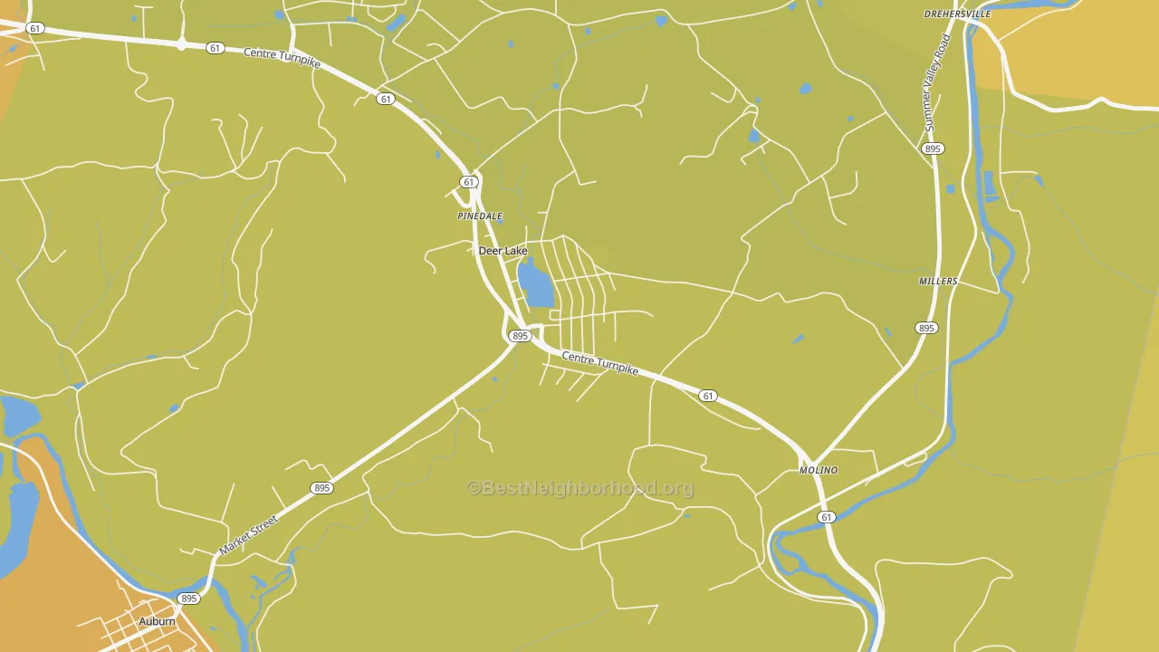 Map of the best neighborhoods in the Deer Lake area, with better matches in green and worse matches in red