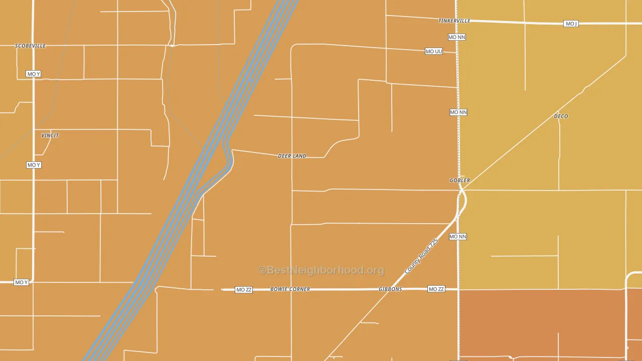 Map of the best neighborhoods in the Deer Land area, with better matches in green and worse matches in red