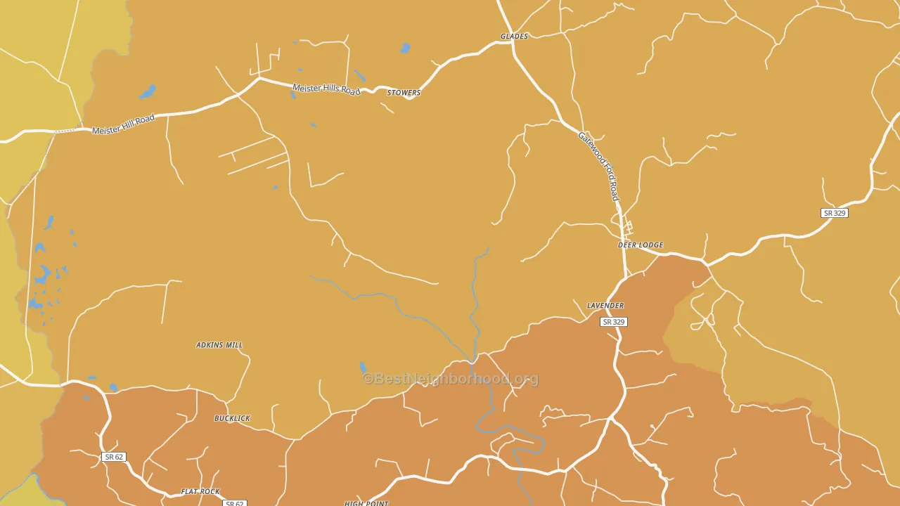 Map of the best neighborhoods in the Deer Lodge area, with better matches in green and worse matches in red