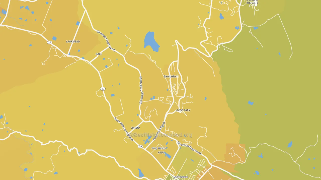 Map of the best neighborhoods in the Deer Park area, with better matches in green and worse matches in red