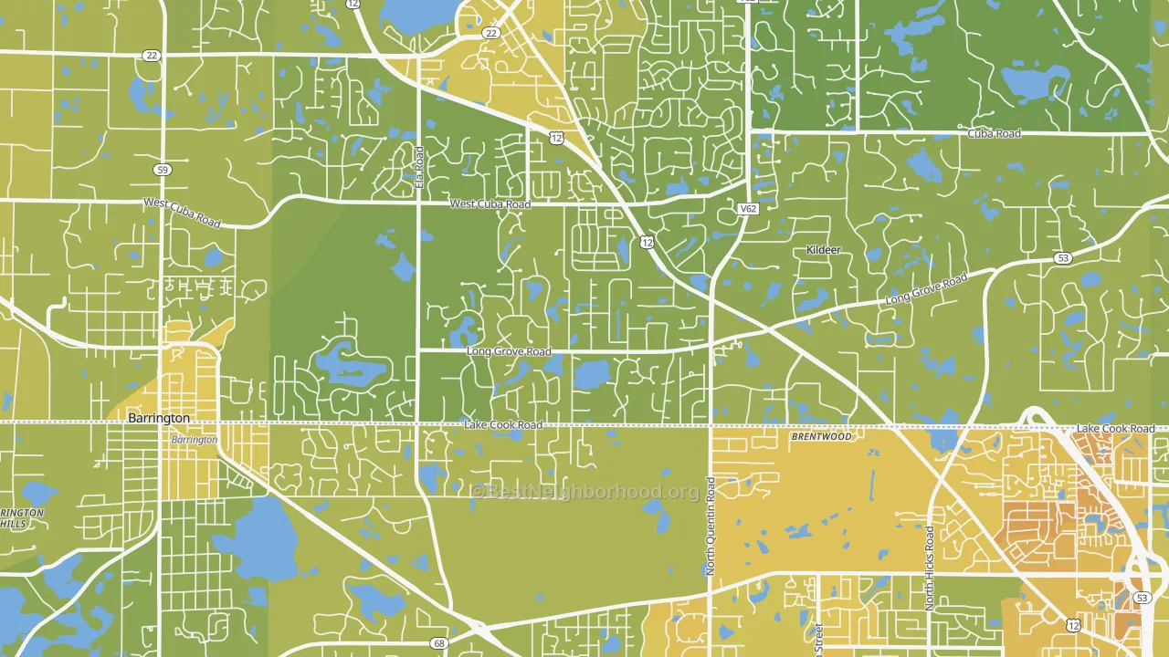Map of the best neighborhoods in the Deer Park area, with better matches in green and worse matches in red