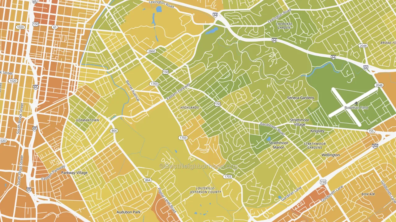 Map of the best neighborhoods in the Deer Park, Louisville area, with better matches in green and worse matches in red