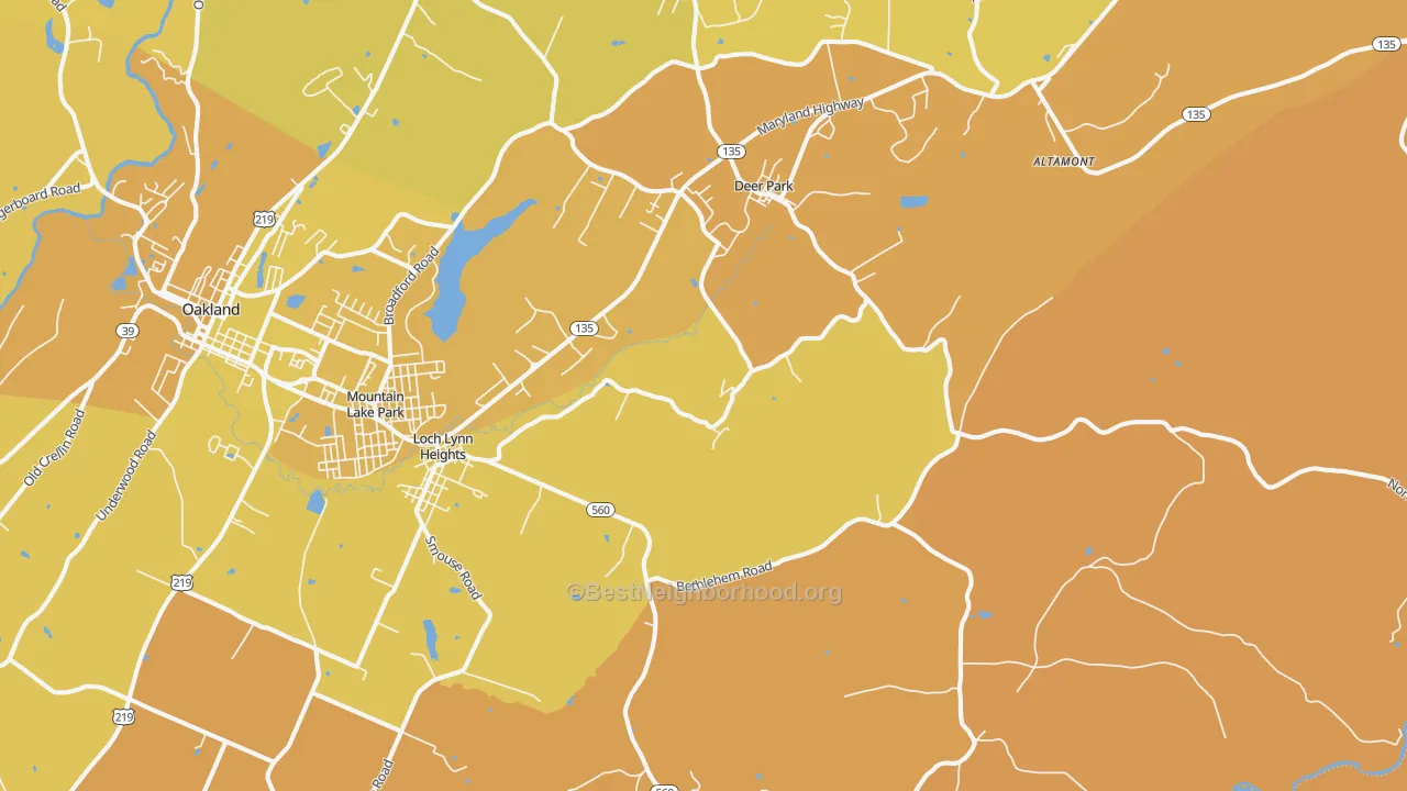 Map of the best neighborhoods in the Deer Park area, with better matches in green and worse matches in red