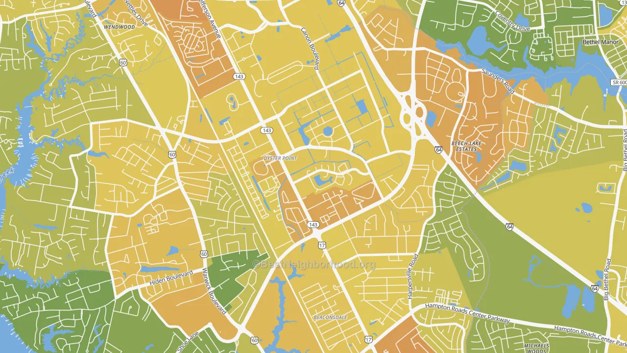 Map of the best neighborhoods in the Deer Park, Newport News area, with better matches in green and worse matches in red