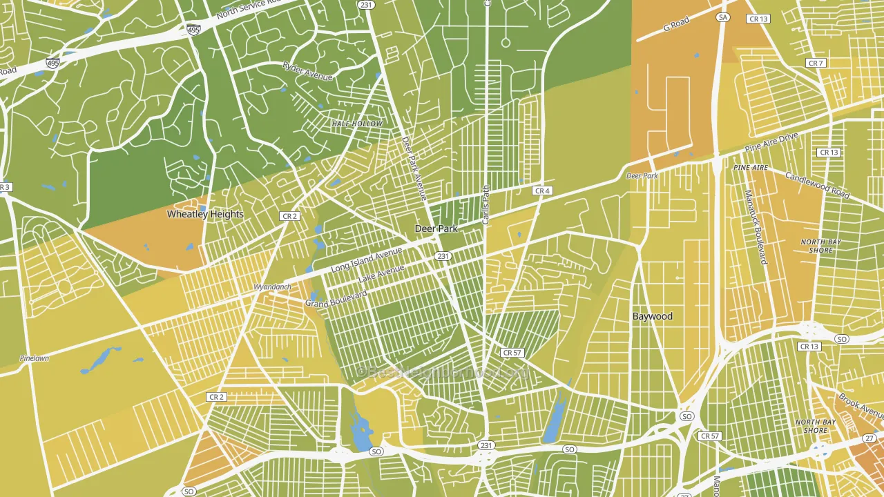 Map of the best neighborhoods in the Deer Park area, with better matches in green and worse matches in red