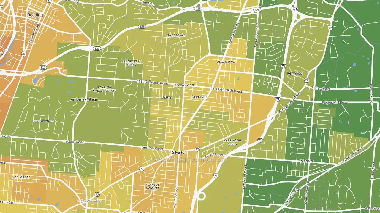 Map of the best neighborhoods in the Deer Park area, with better matches in green and worse matches in red