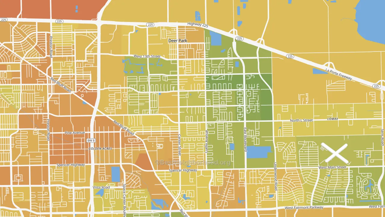 Map of the best neighborhoods in the Deer Park area, with better matches in green and worse matches in red