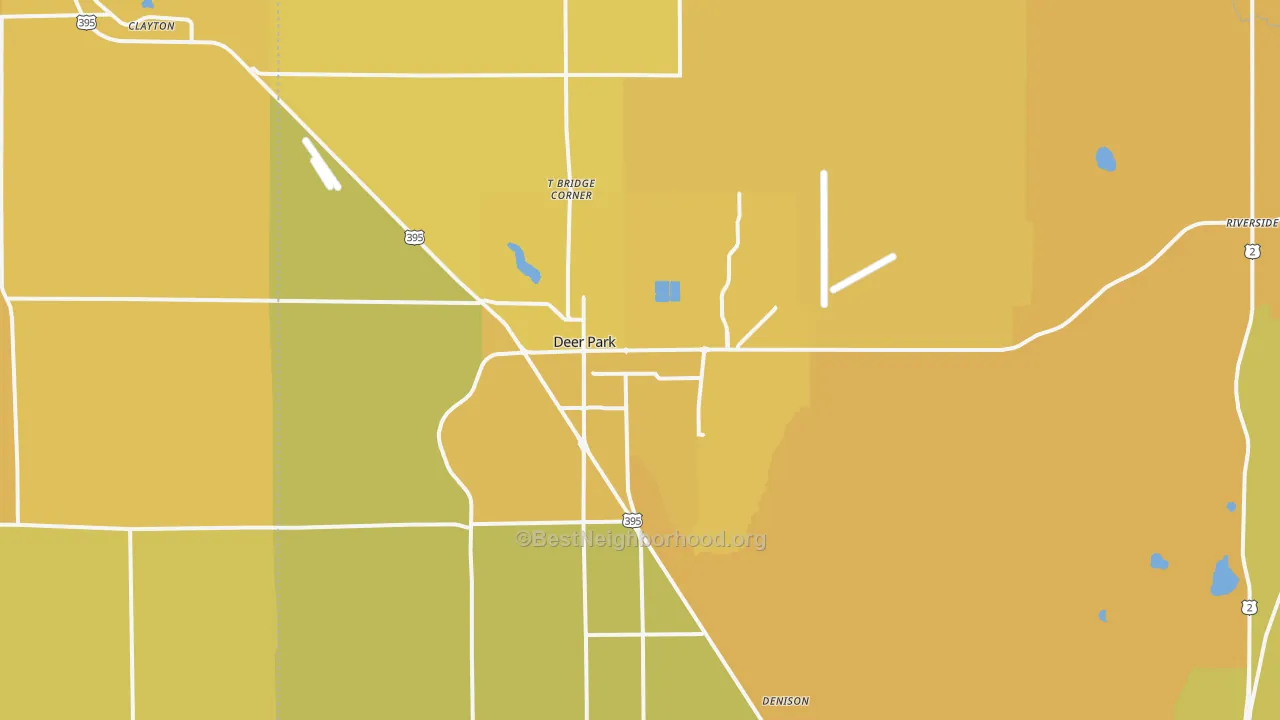 Map of the best neighborhoods in the Deer Park area, with better matches in green and worse matches in red