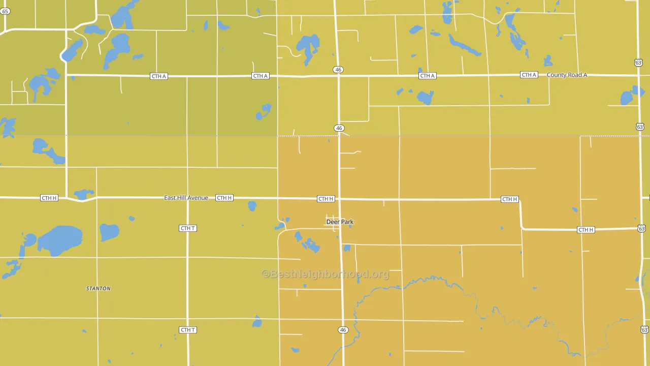 Map of the best neighborhoods in the Deer Park area, with better matches in green and worse matches in red