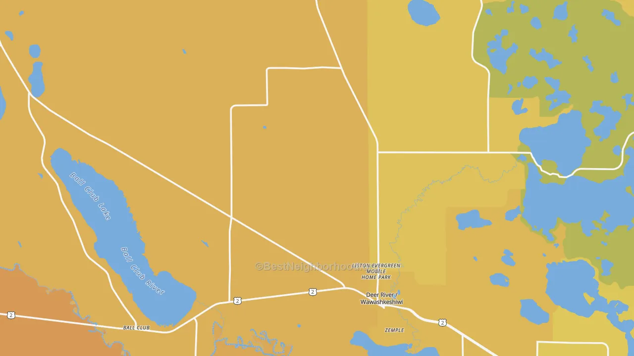 Map of the best neighborhoods in the Deer River area, with better matches in green and worse matches in red