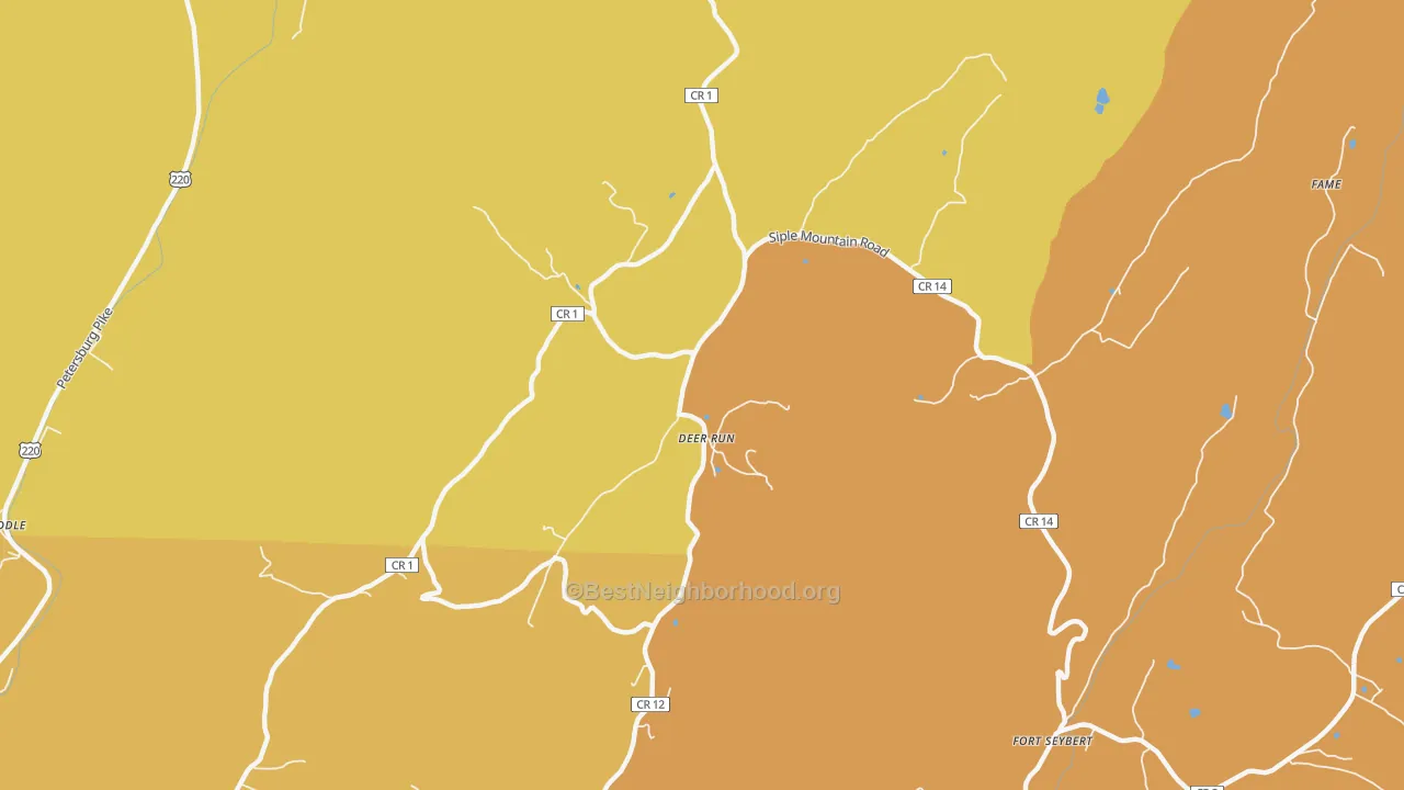 Map of the best neighborhoods in the Deer Run area, with better matches in green and worse matches in red