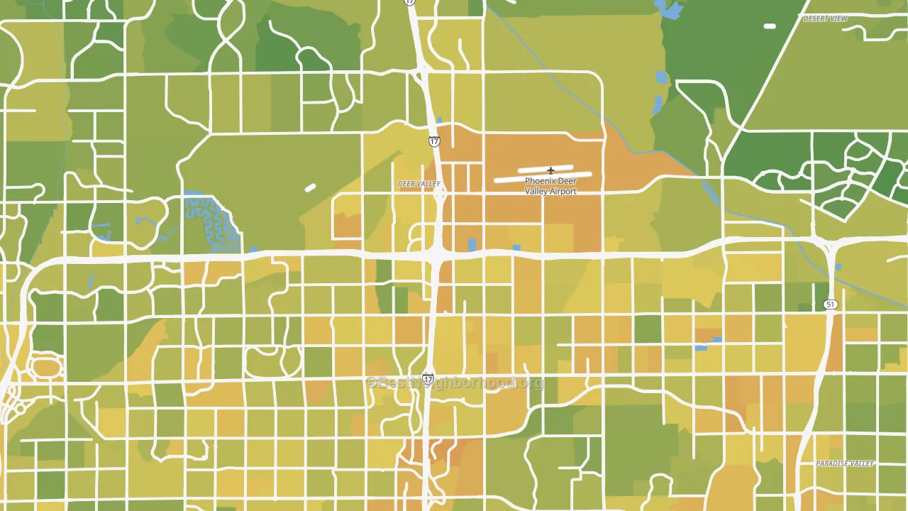 Map of the best neighborhoods in the Deer Valley, Phoenix area, with better matches in green and worse matches in red