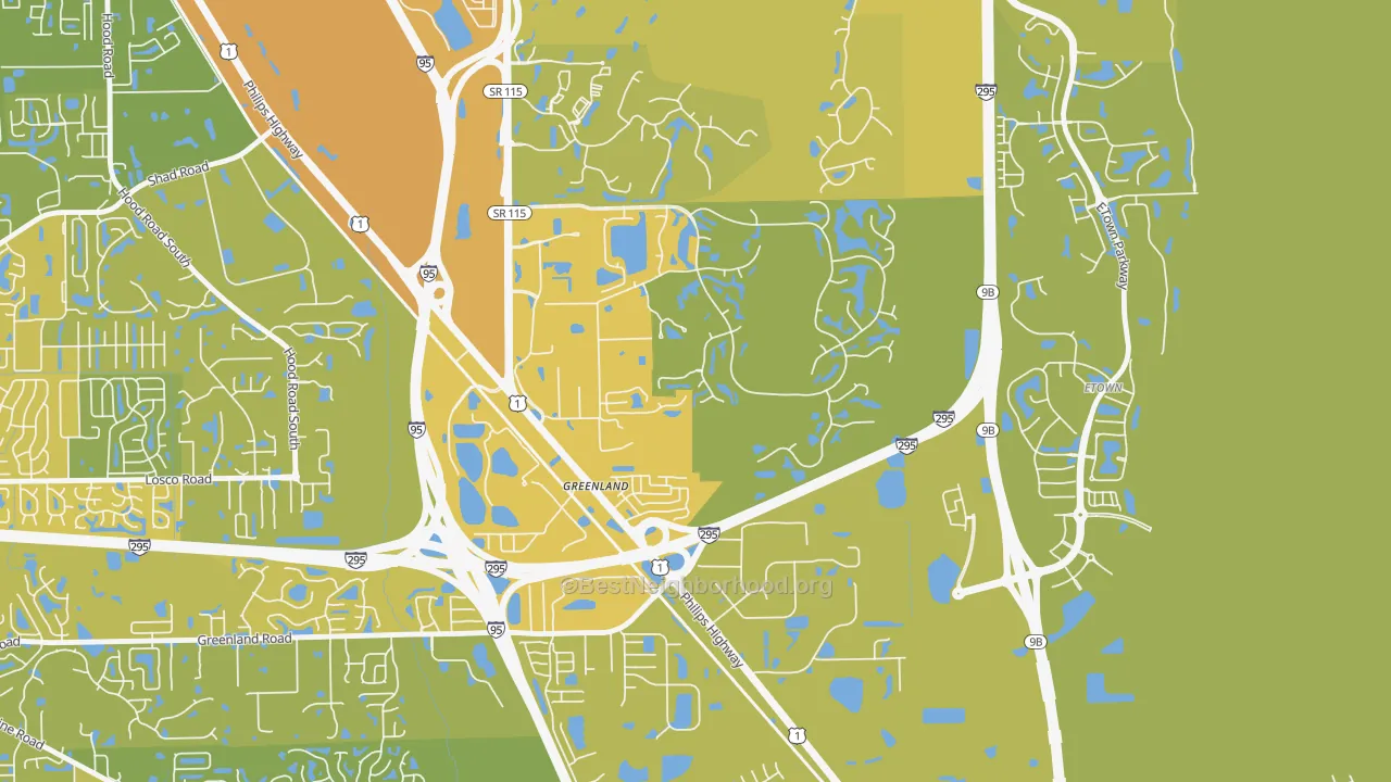 Map of the best neighborhoods in the Deercreek, Jacksonville area, with better matches in green and worse matches in red