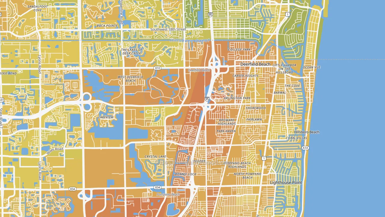 Map of the best neighborhoods in the Deerfield Beach area, with better matches in green and worse matches in red