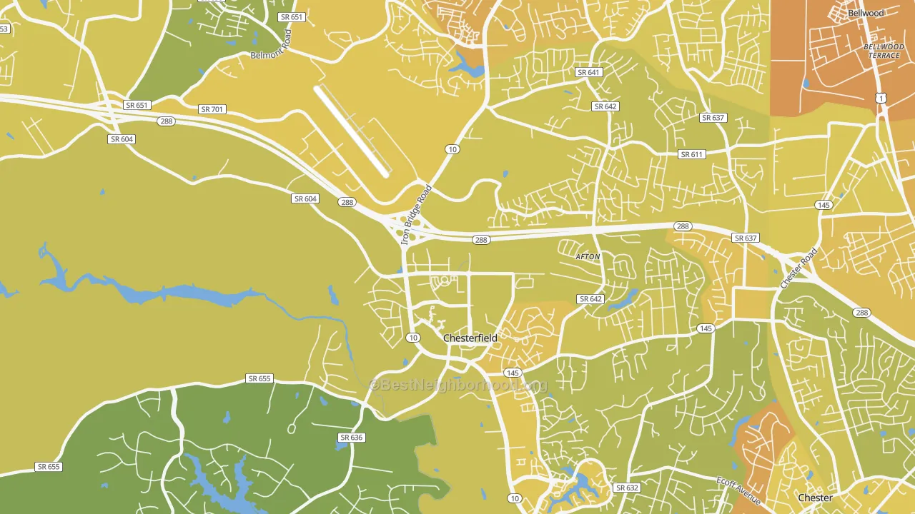 Map of the best neighborhoods in the Deerfield Estates area, with better matches in green and worse matches in red