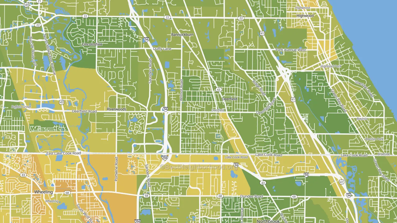 Map of the best neighborhoods in the Deerfield area, with better matches in green and worse matches in red