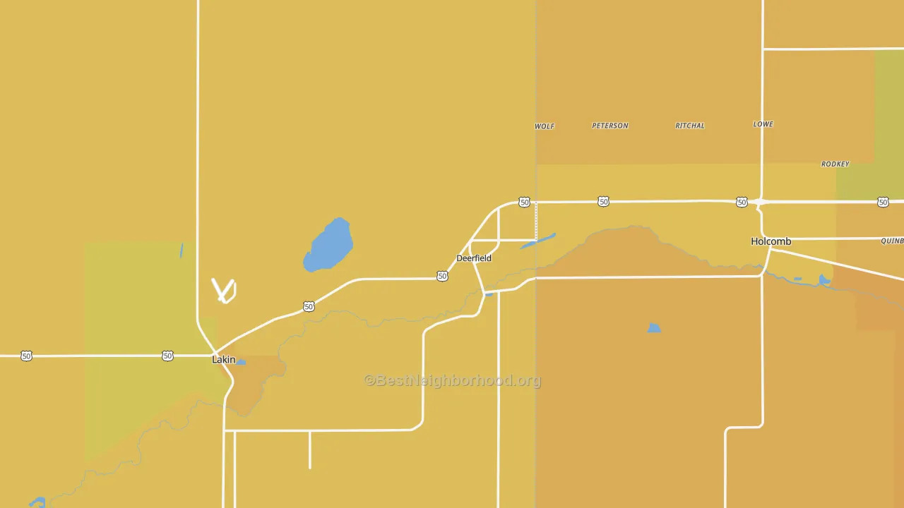 Map of the best neighborhoods in the Deerfield area, with better matches in green and worse matches in red