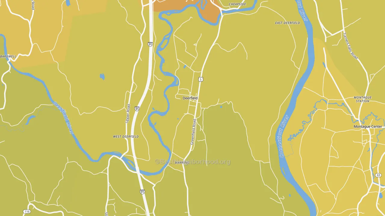 Map of the best neighborhoods in the Deerfield area, with better matches in green and worse matches in red