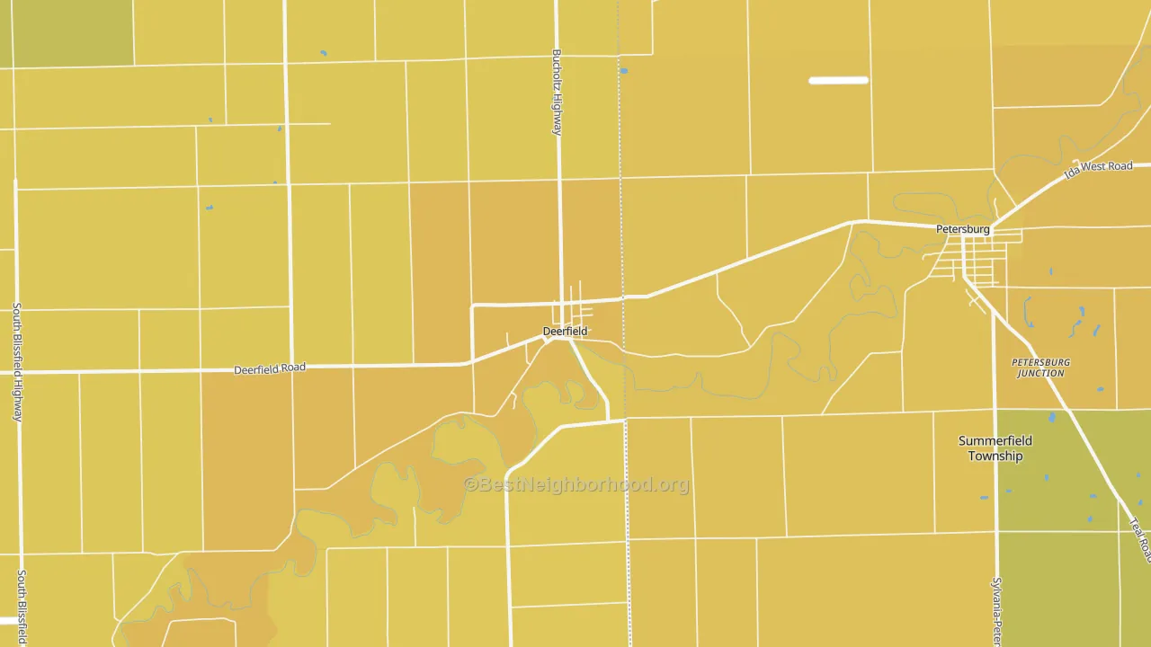 Map of the best neighborhoods in the Deerfield area, with better matches in green and worse matches in red
