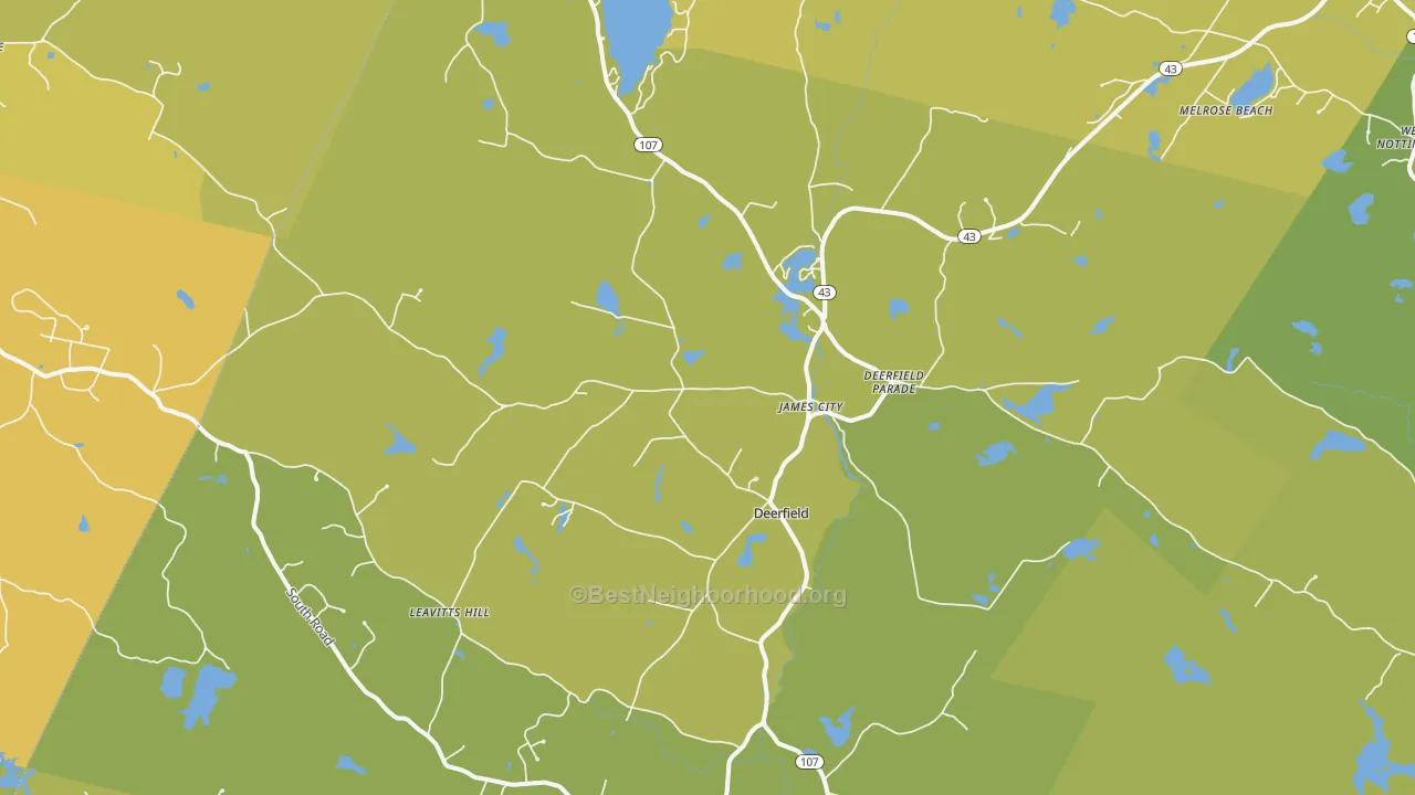 Map of the best neighborhoods in the Deerfield area, with better matches in green and worse matches in red