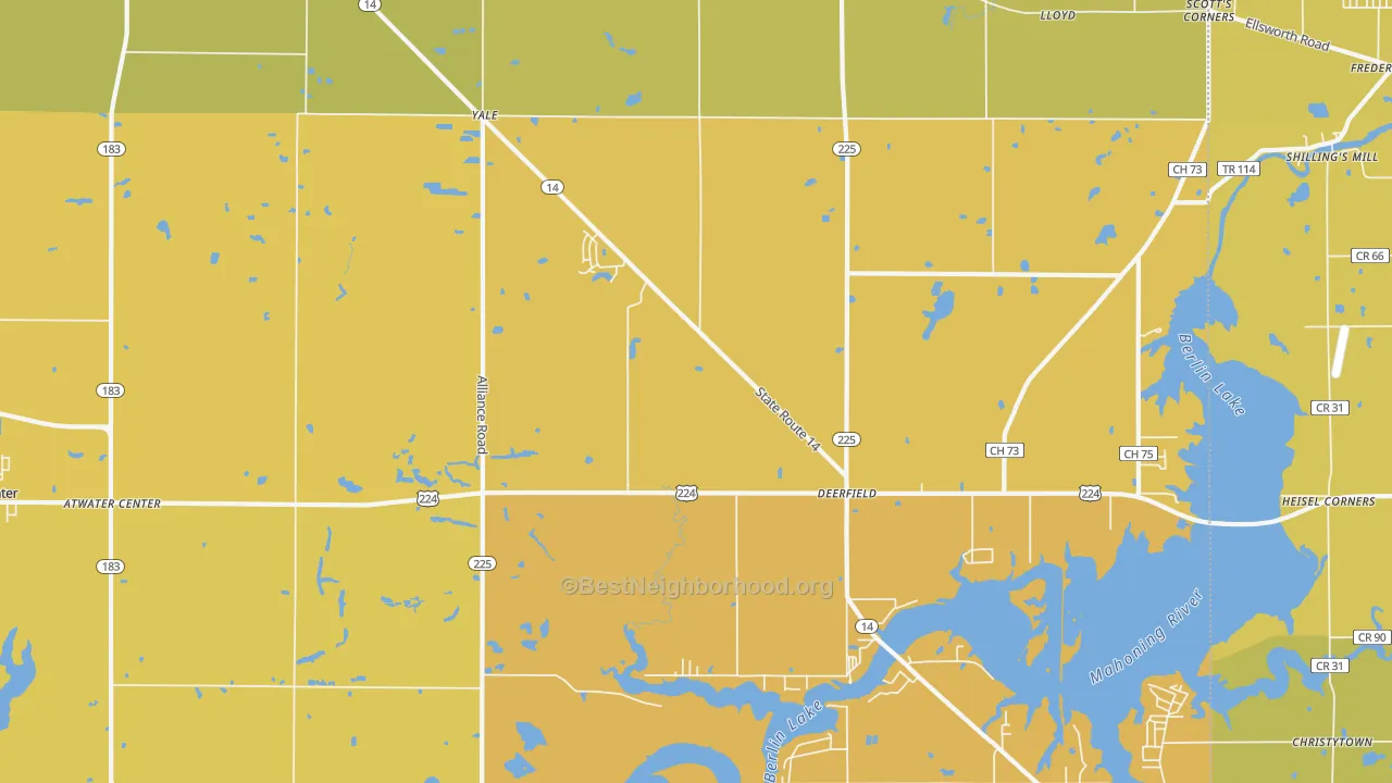 Map of the best neighborhoods in the Deerfield area, with better matches in green and worse matches in red
