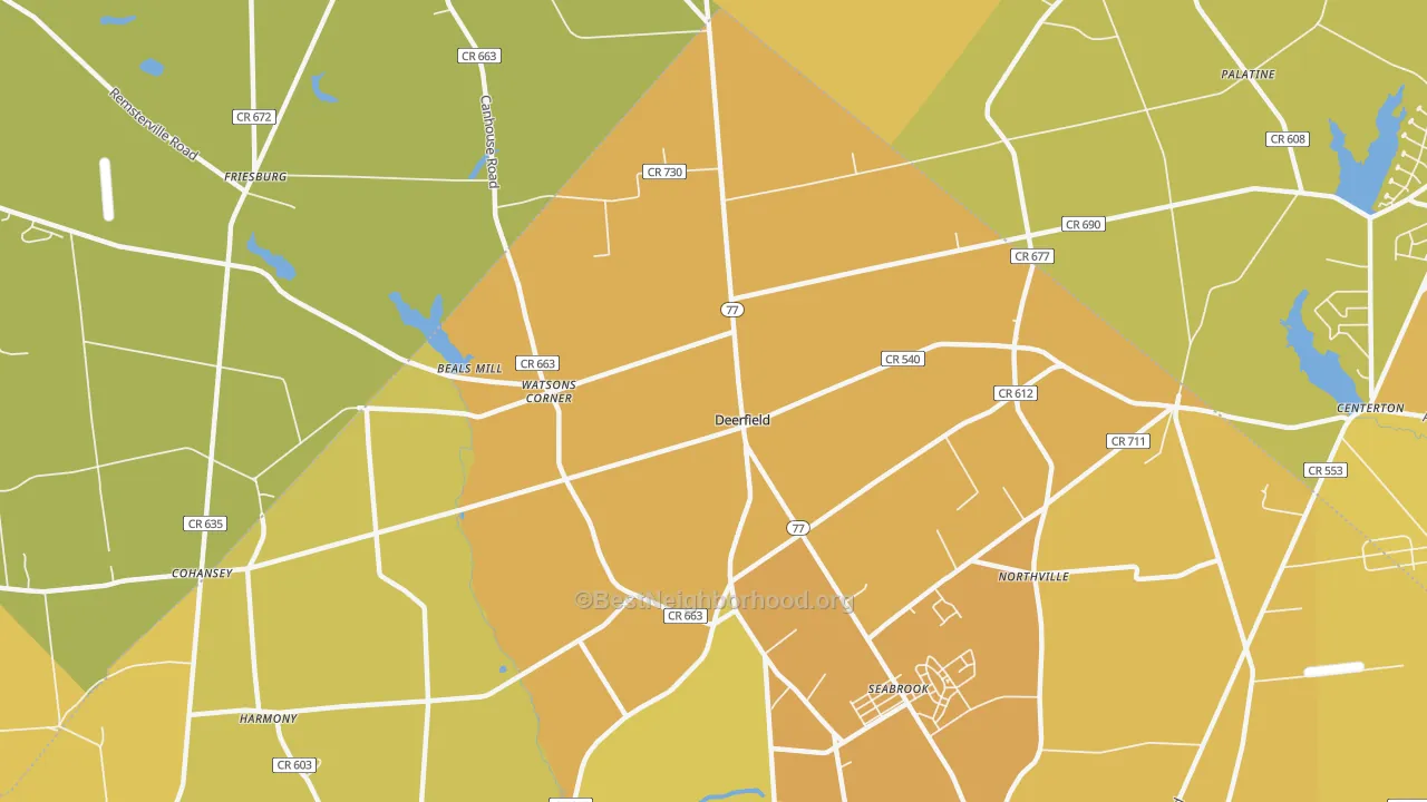 Map of the best neighborhoods in the Deerfield Street area, with better matches in green and worse matches in red