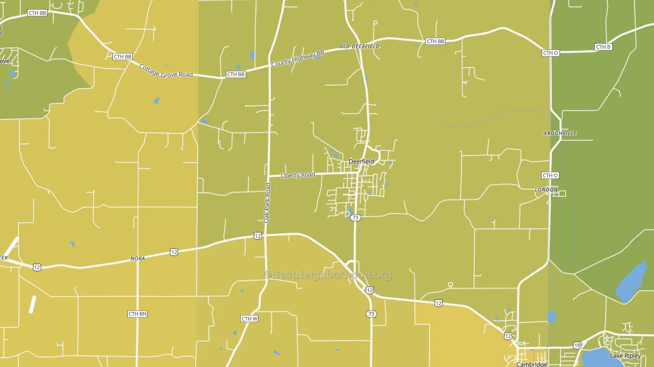 Map of the best neighborhoods in the Deerfield area, with better matches in green and worse matches in red