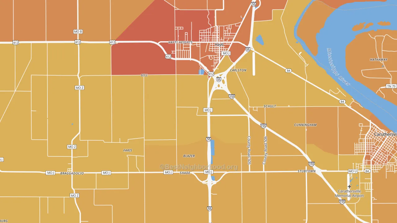Map of the best neighborhoods in the Deering area, with better matches in green and worse matches in red