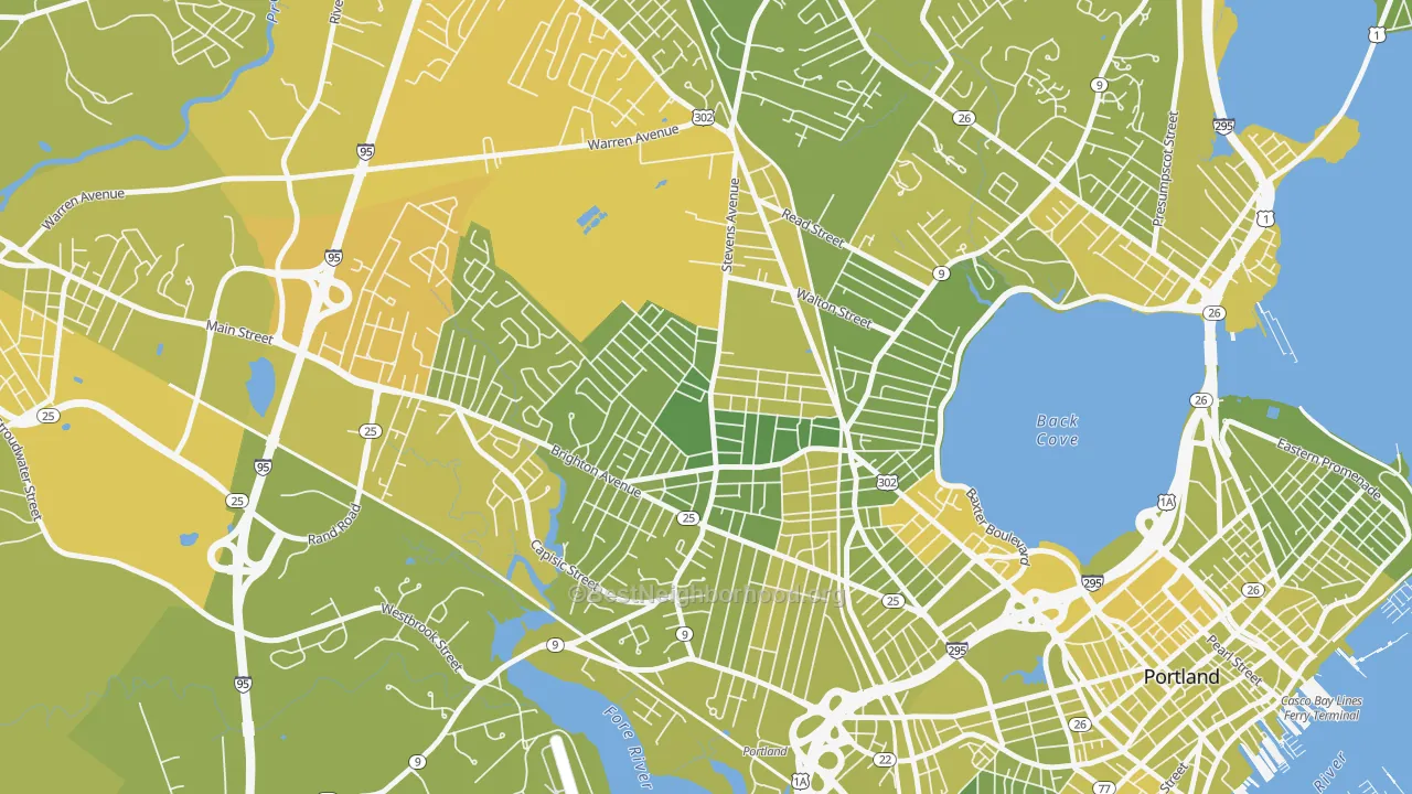 Map of the best neighborhoods in the Deering, Portland area, with better matches in green and worse matches in red