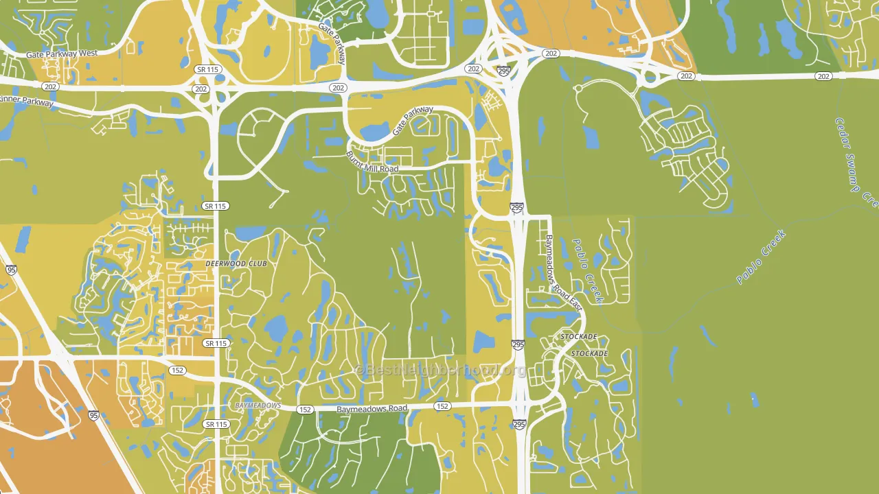 Map of the best neighborhoods in the Deerwood, Jacksonville area, with better matches in green and worse matches in red
