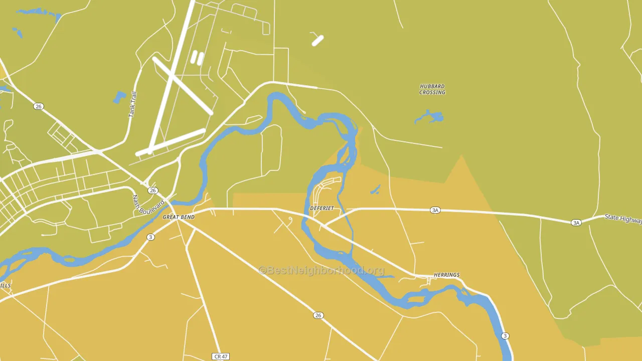 Map of the best neighborhoods in the Deferiet area, with better matches in green and worse matches in red