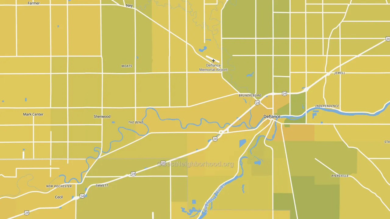 Map of the best neighborhoods in the Defiance County area, with better matches in green and worse matches in red