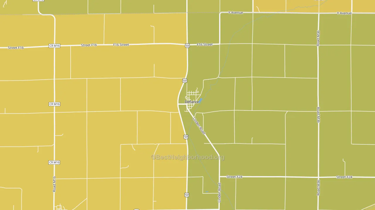 Map of the best neighborhoods in the Defiance area, with better matches in green and worse matches in red