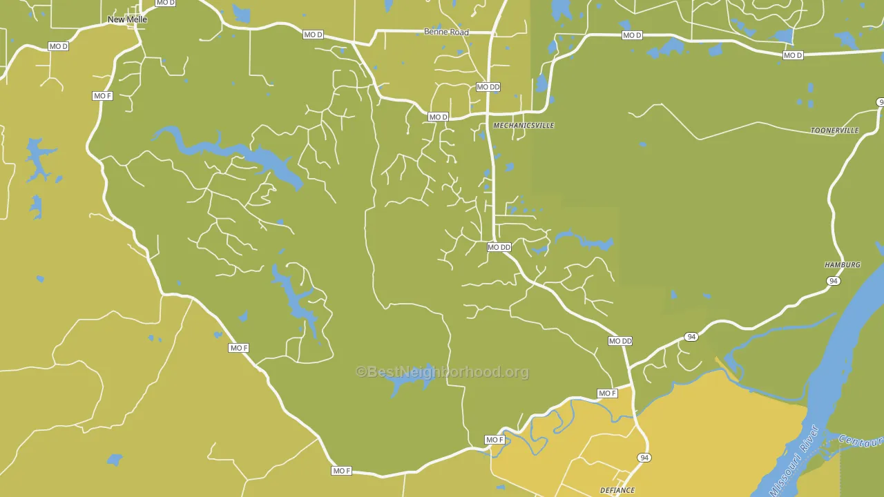 Map of the best neighborhoods in the Defiance area, with better matches in green and worse matches in red