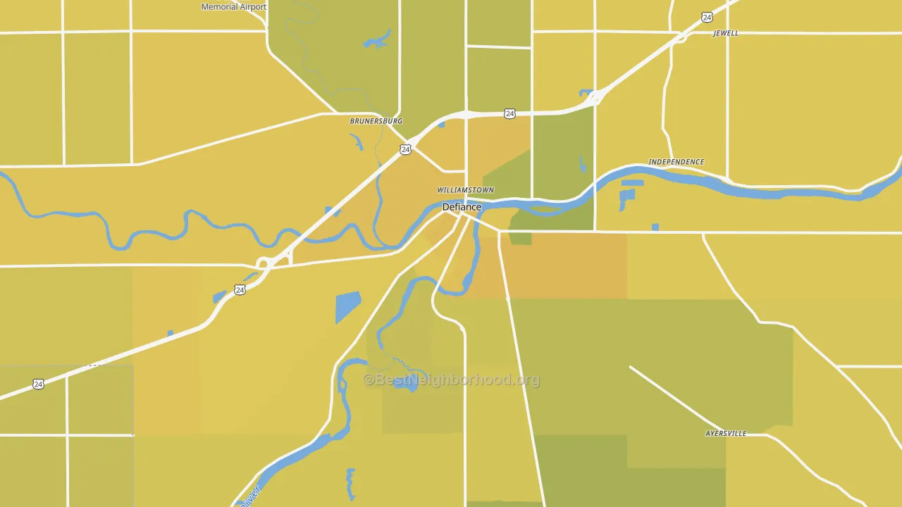 Map of the best neighborhoods in the Defiance area, with better matches in green and worse matches in red