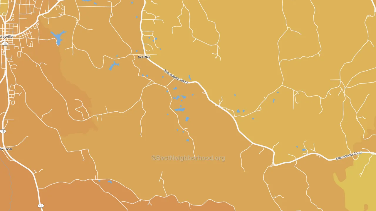 Map of the best neighborhoods in the DeFoor area, with better matches in green and worse matches in red