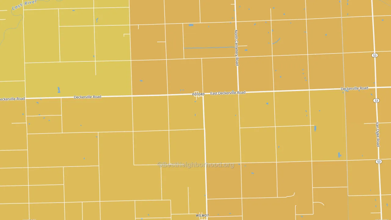 Map of the best neighborhoods in the DeFord area, with better matches in green and worse matches in red